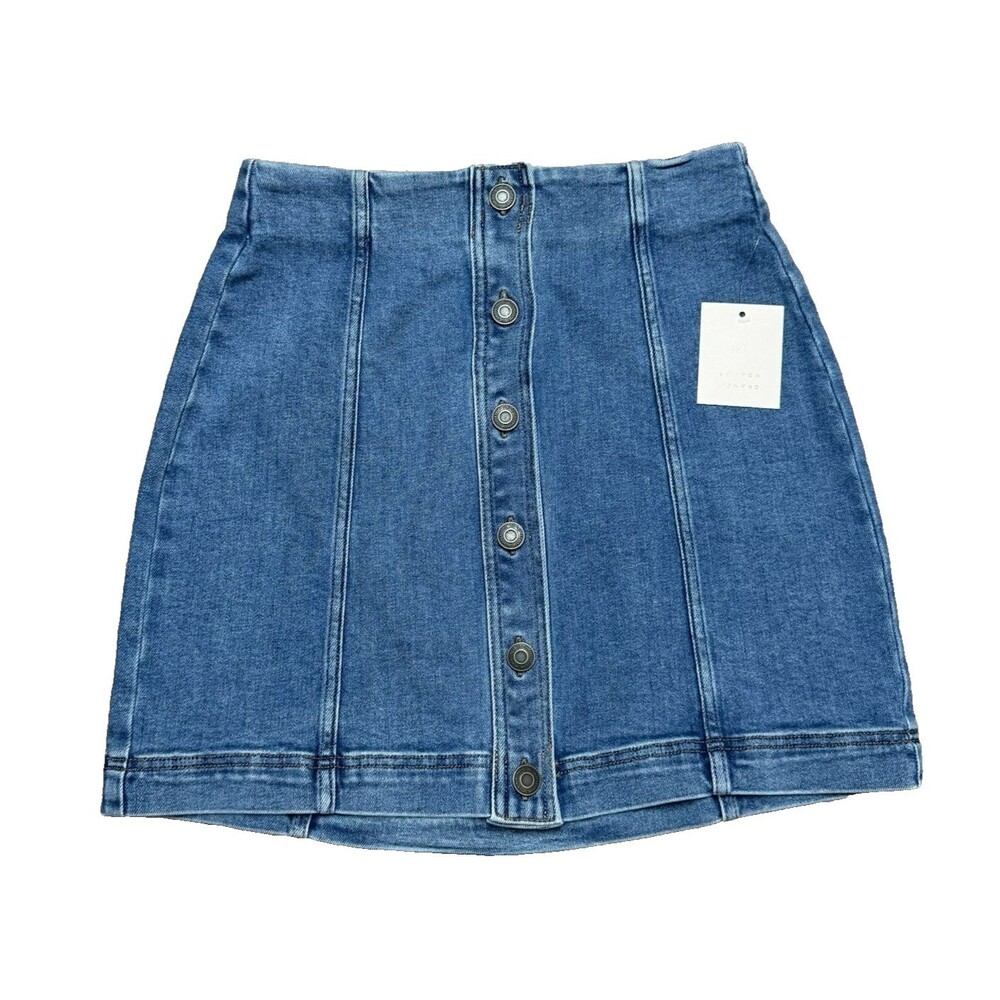 LC Lauren Conrad Sz M Button Front Jean Mini ALine Skirt Med Wash Denim Stretch